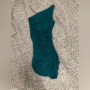 Lucy in the sky, one shoulder, deep green dress